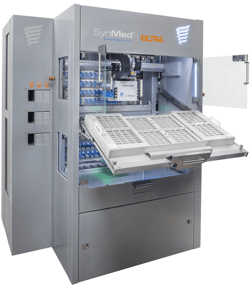 BD ROWA SYNMED ULTA Medication Packing ROBOT with triple robots and multiple medication trays open